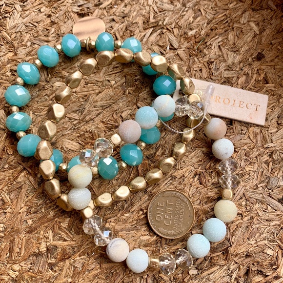 Aqua & Gold Crystal Stretch Bracelet Set - New - Picture 1 of 3